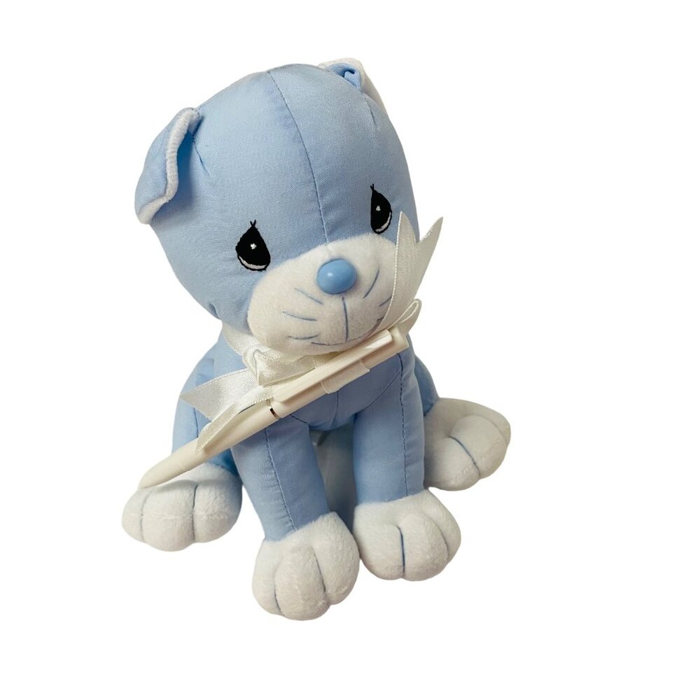 Precious Moments Tender Tails 1998 Blue Cat Plush With Blue White Bow 7" x 5" Re